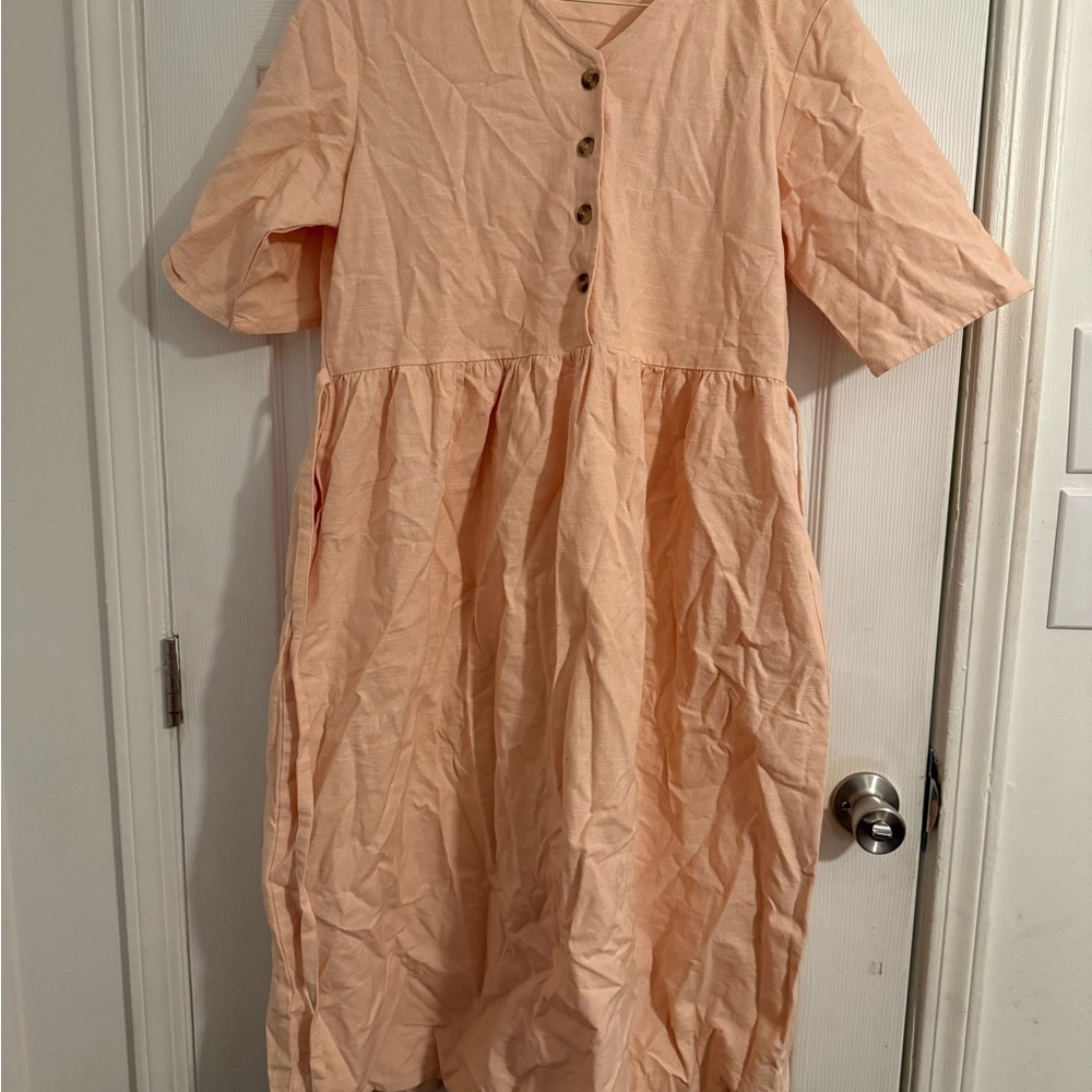 Elegant Peach Midi Dress with Button Detail